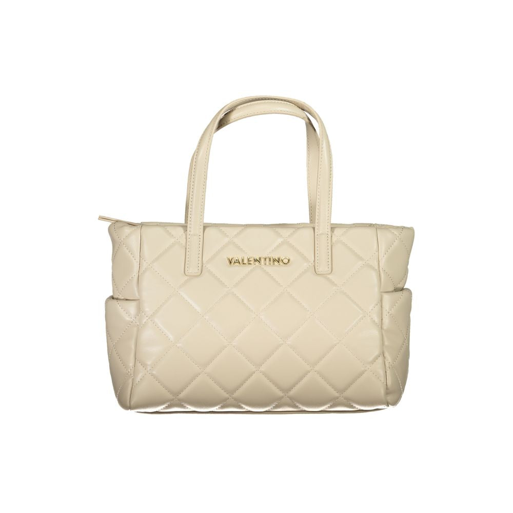 Valentino beige polyethylene handbag with dual handles, quilted design, logo, and external pockets for style and functionality.