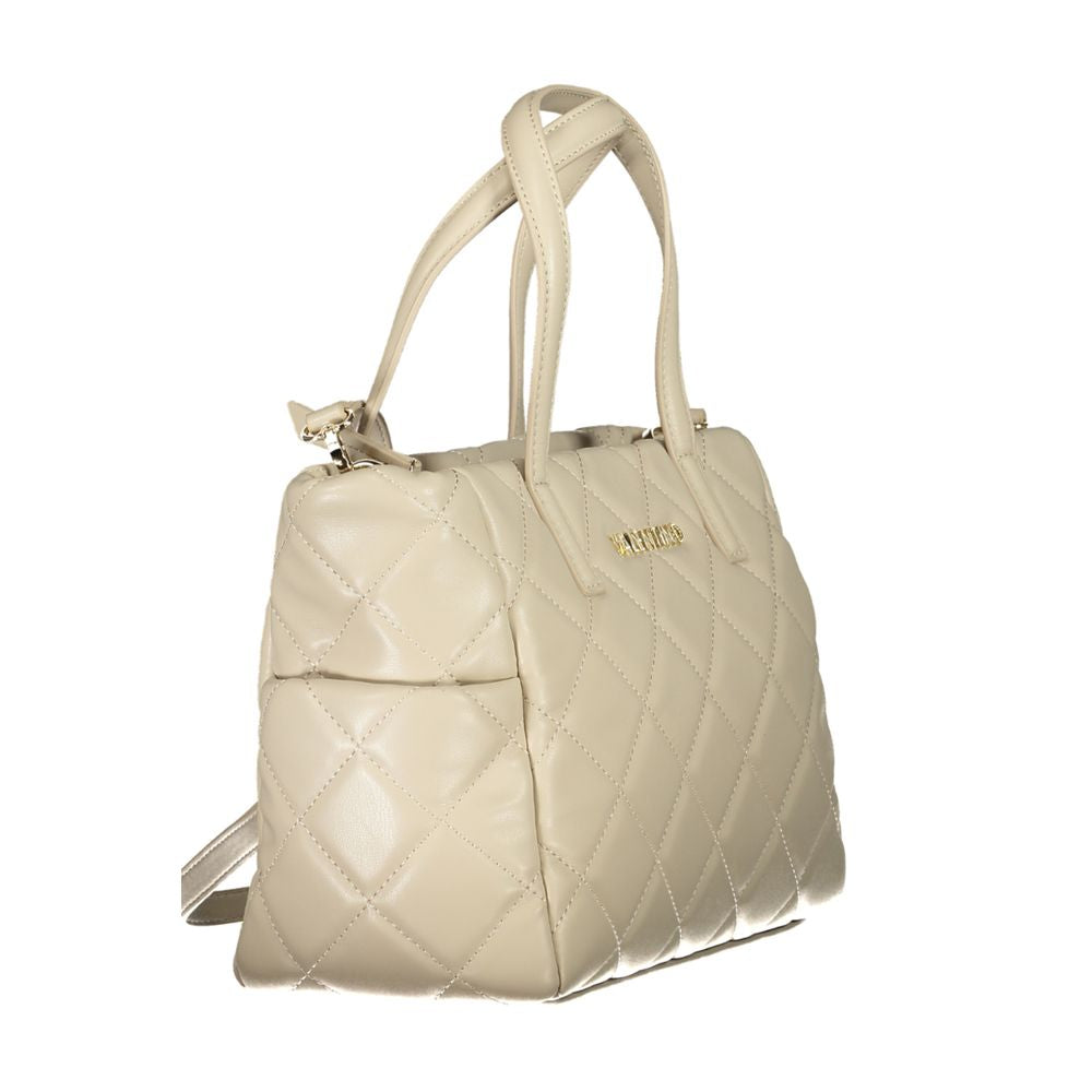 Alt Tag: Valentino beige polyethylene handbag with handles, adjustable strap, pockets, and logo, featuring quilted design and eco-friendly materials.