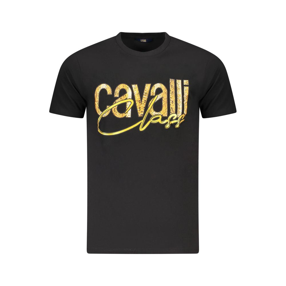 Cavalli Class Black Cotton Men's T-Shirt with Gold Logo Print, Short Sleeves, Classic Crew Neck, Stylish and Fashion-Forward Design