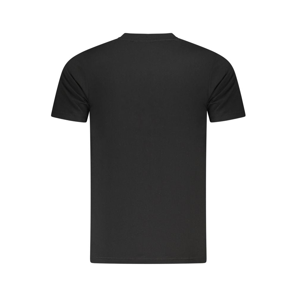 Back view of Cavalli Class black cotton men's T-shirt featuring short sleeves and a classic crew neck, showcasing elegant style.