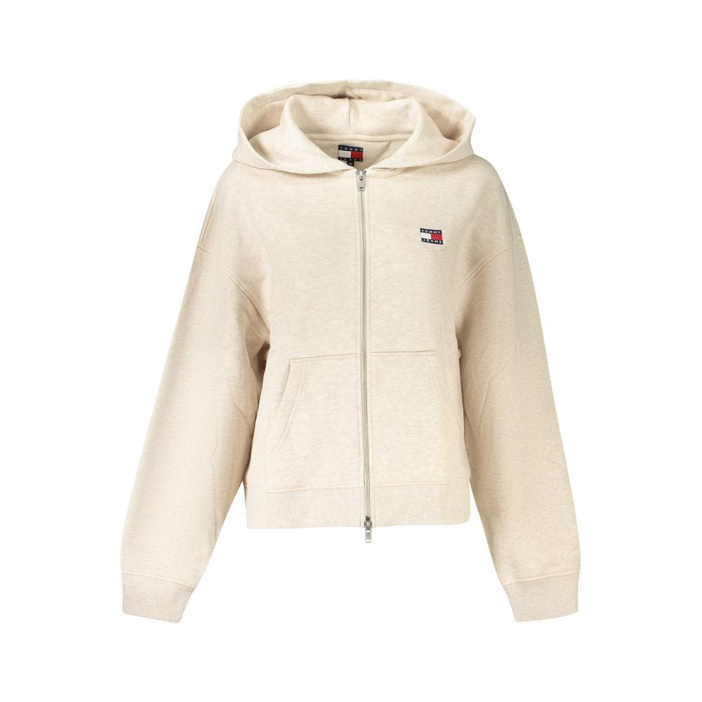 Tommy Hilfiger beige cotton women sweater with hood, embroidered logo, and pockets. Sustainable fashion choice.