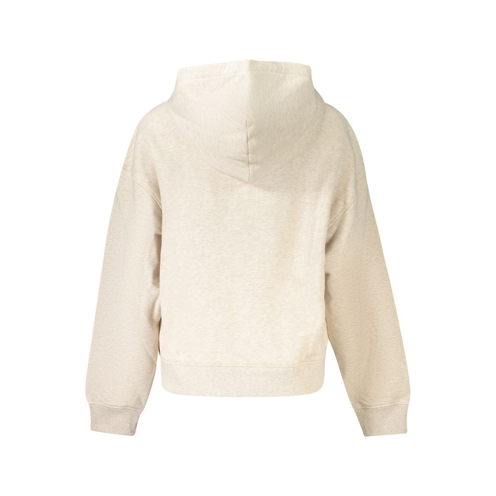 Back view of Tommy Hilfiger beige cotton women's sweater with hood and soft fabric, showcasing sustainable luxury fashion.