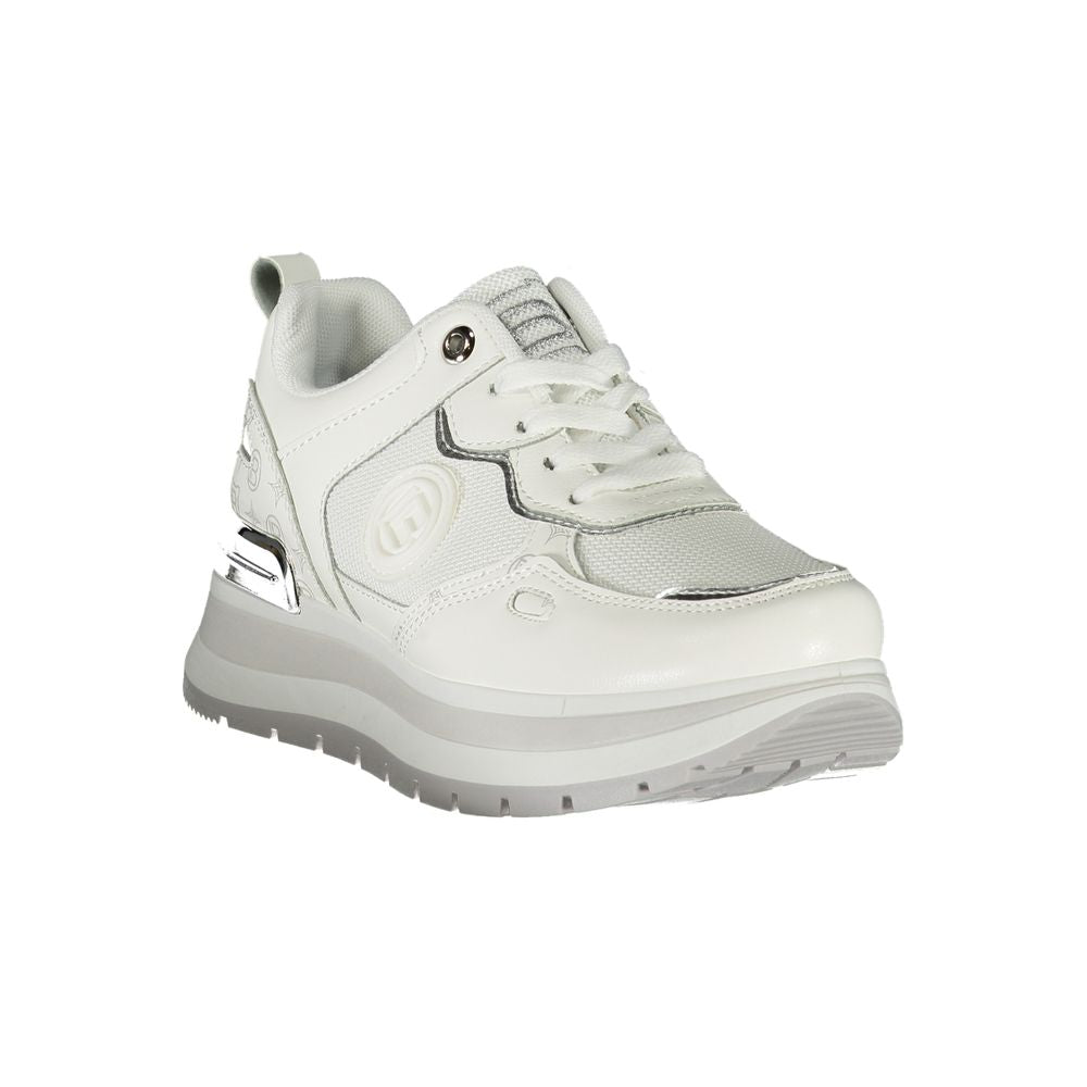 Laura Biagiotti white polyester women's sneaker with lace-up design, removable footbed, and signature embroidery for sporty elegance.