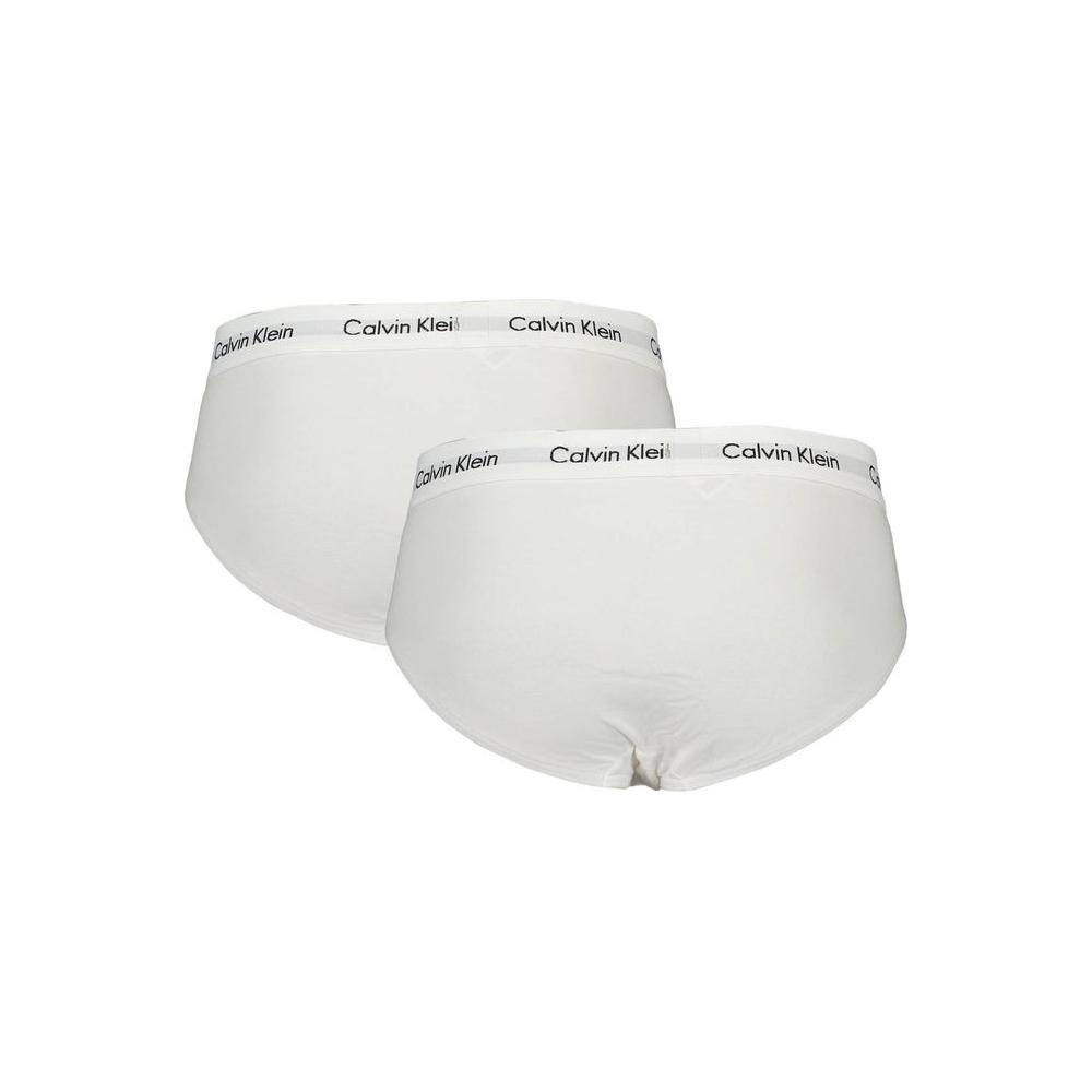 Calvin Klein white cotton underwear, tri-pack brief, elastic waistband with logo, rear view of two pieces.
