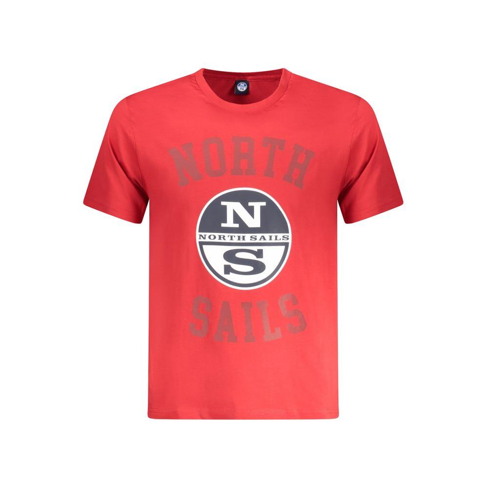North Sails red cotton men's t-shirt with logo and nautical print, crew neck design for casual style and comfort.