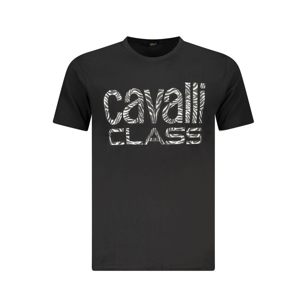 Cavalli Class black cotton men's T-shirt featuring a bold print and iconic logo for a blend of luxury and style.