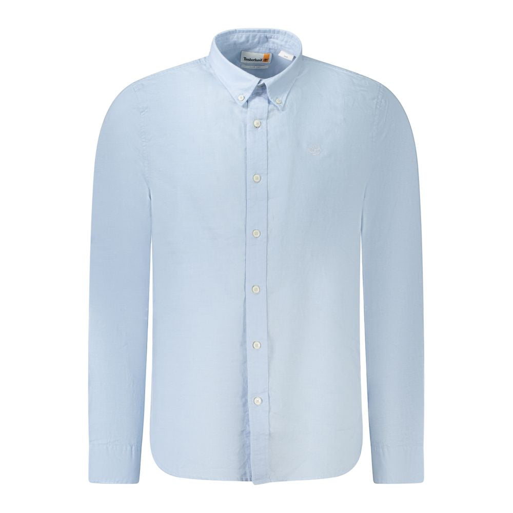 Timberland light blue cotton men's shirt with button-down collar, slim fit, and iconic embroidery; perfect for sophisticated style.