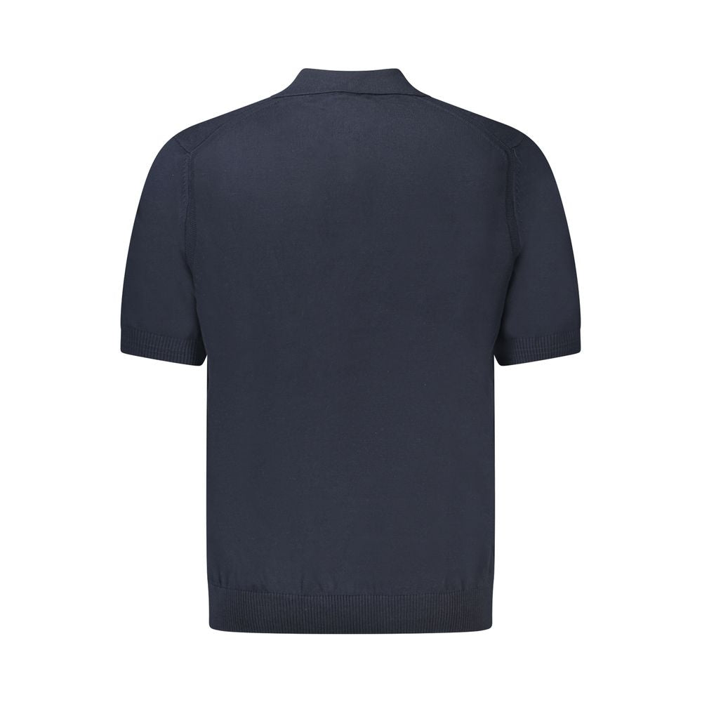 Back view of Hugo Boss blue cotton sweater, short-sleeved with 2 buttons, embroidery, and logo design. Stylish men's fashion.