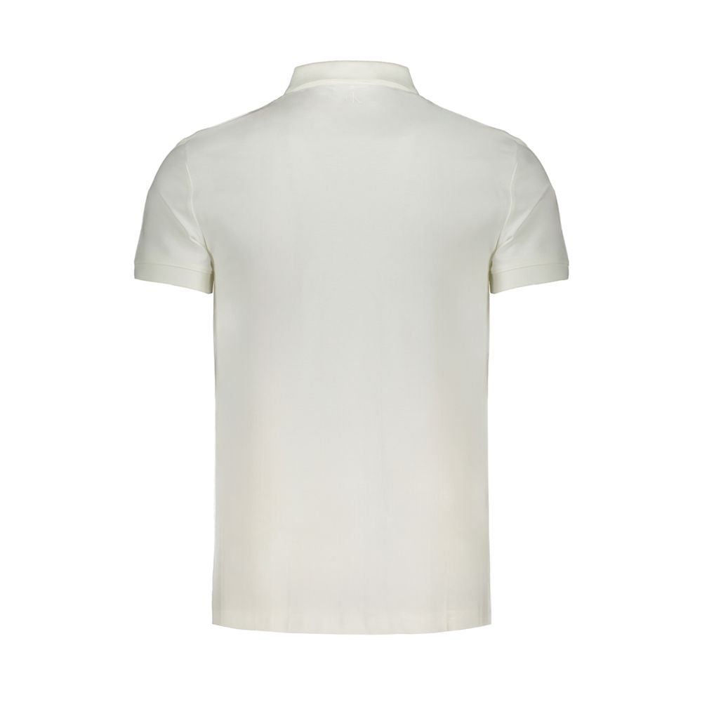 Back view of Calvin Klein white cotton polo shirt with short sleeves, regular fit, and three-button design.