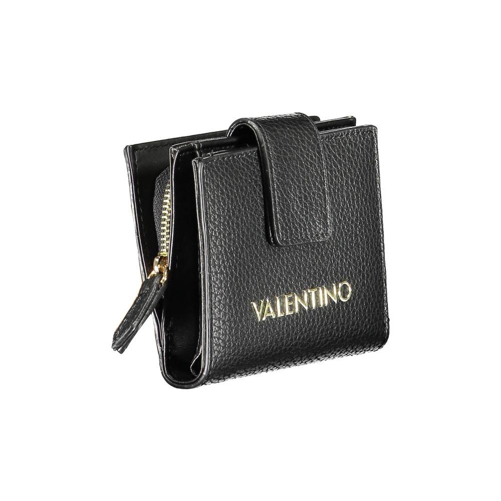 Black Valentino wallet with zip coin purse, card slots, and logo detailing. Elegant polyethylene design for sophisticated style.