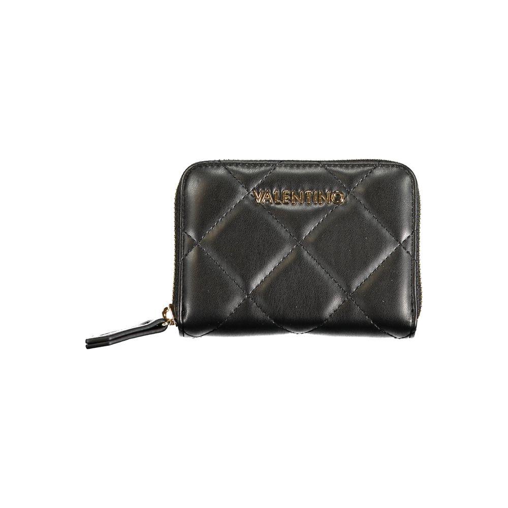 Valentino Bags black polyethylene wallet with quilted design, features zip closure, 6 compartments, coin purse, card slots, logo detail.