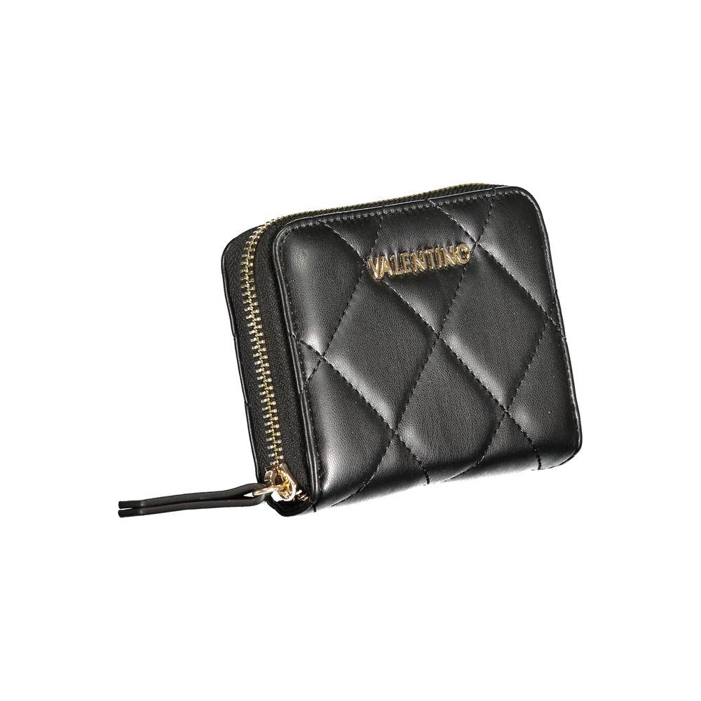 Valentino black polyethylene wallet with zip closure, logo, and quilted design, featuring compartments and coin purse.