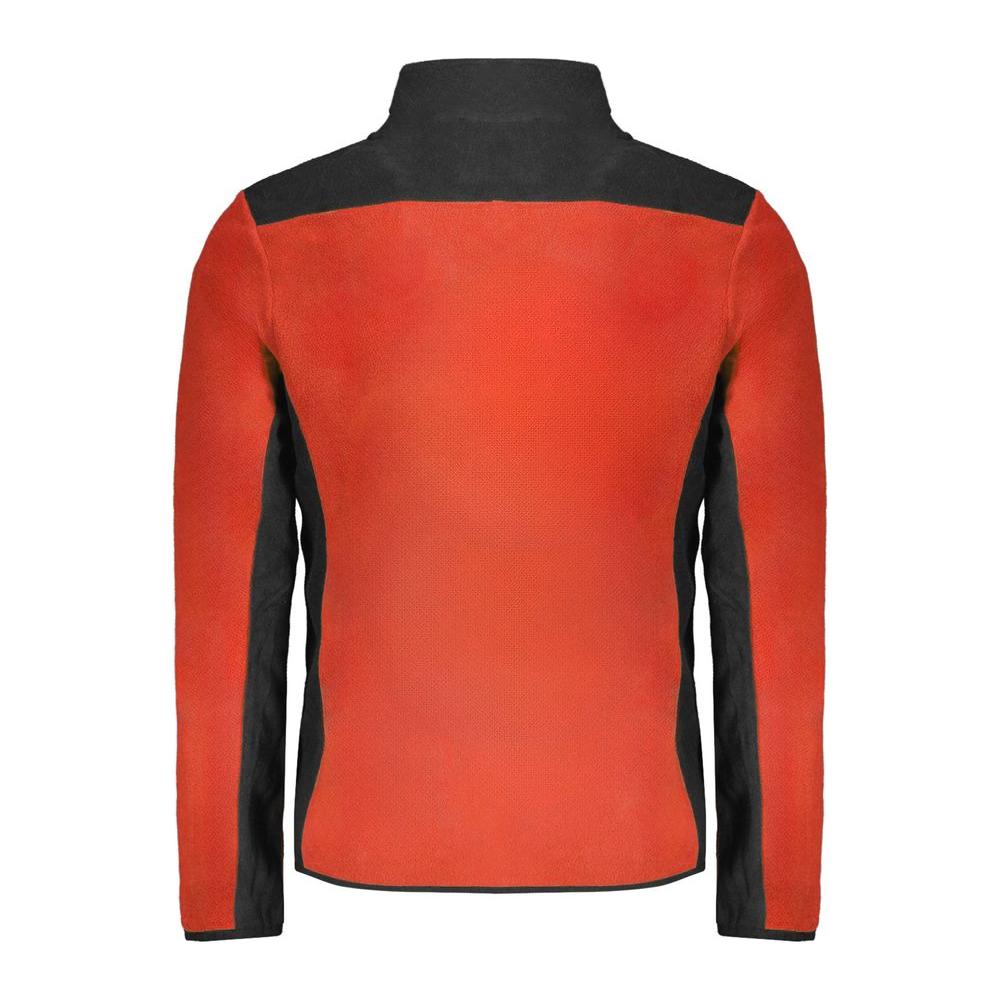 Back view of red and black Norway 1963 men's polyester sweater with long sleeves and zip pockets