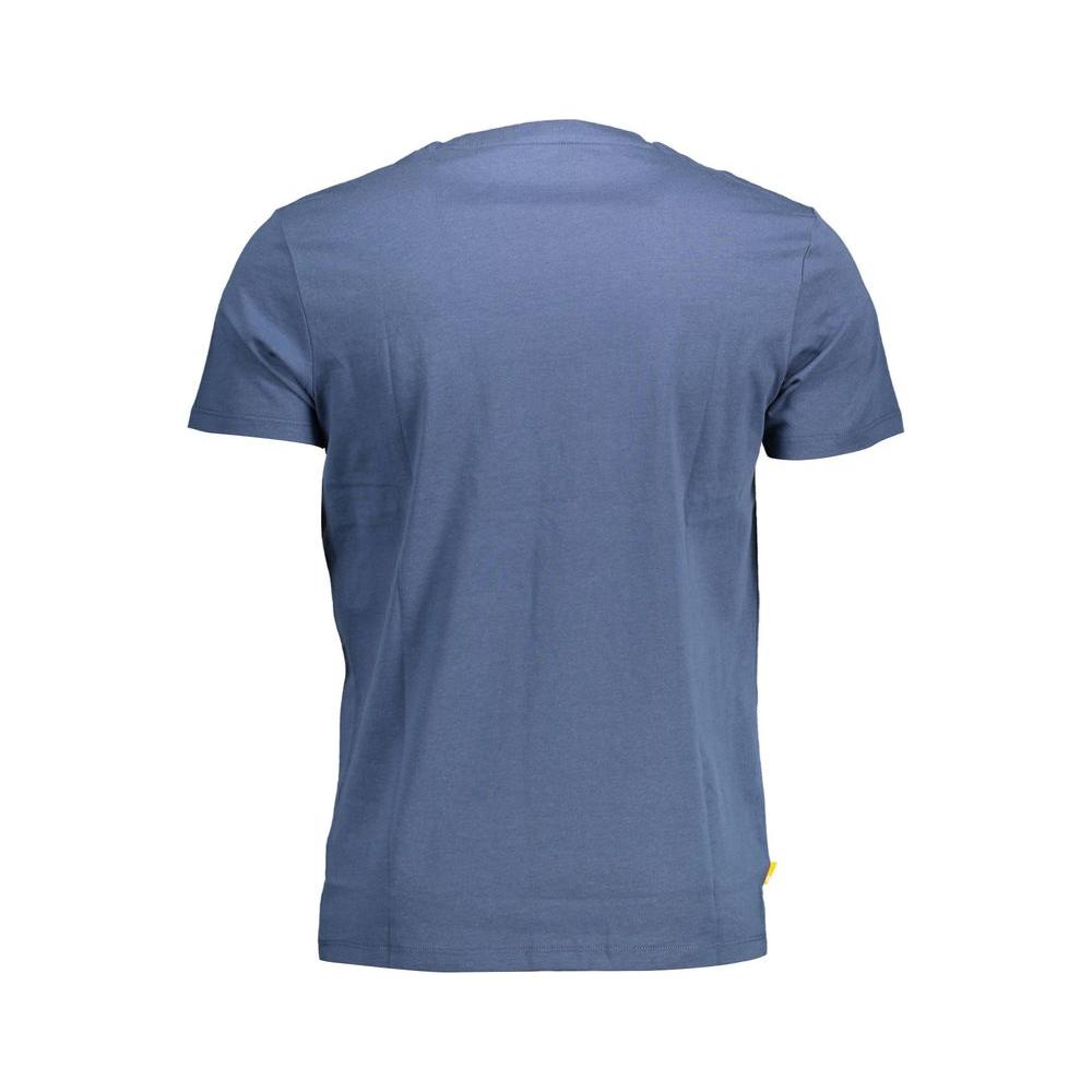 Back view of Timberland blue cotton slim t-shirt with short sleeves, round neck, and logo. Made from 100% organic cotton.