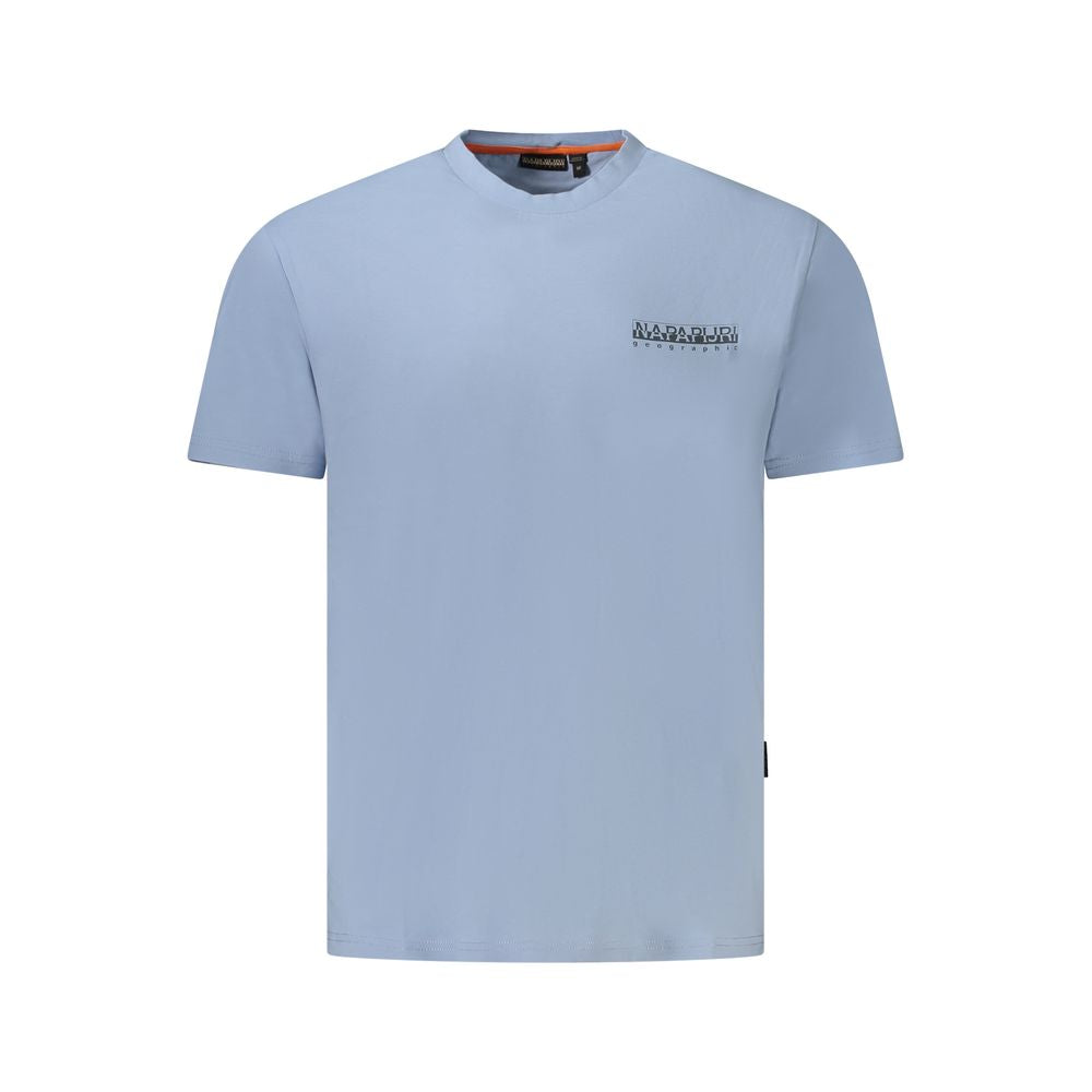 Napapijri light blue cotton men's t-shirt with logo and short sleeves, showcasing a relaxed fit and bold style.
