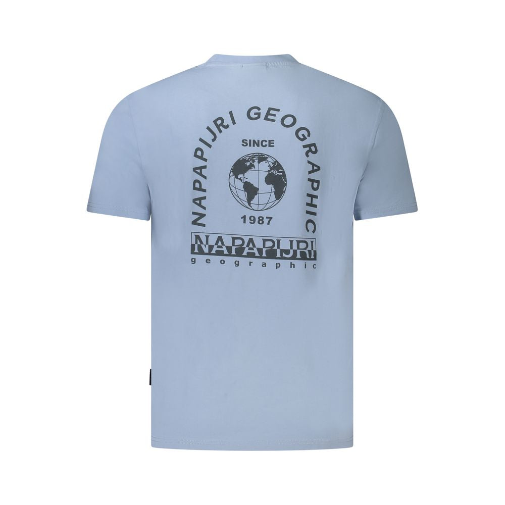 Napapijri light blue cotton men's t-shirt with logo print, showcasing modern design and comfort.
