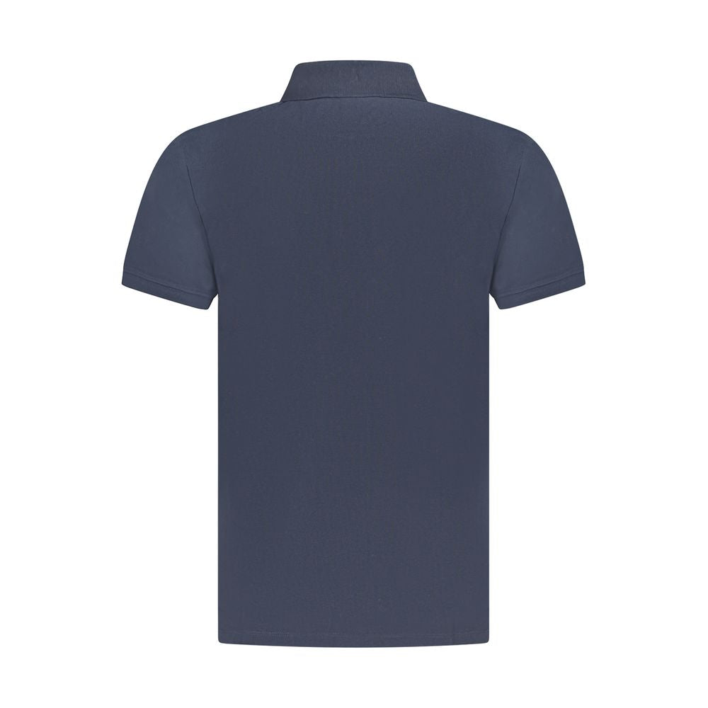 Back view of Timberland blue cotton men's polo shirt with short sleeves.