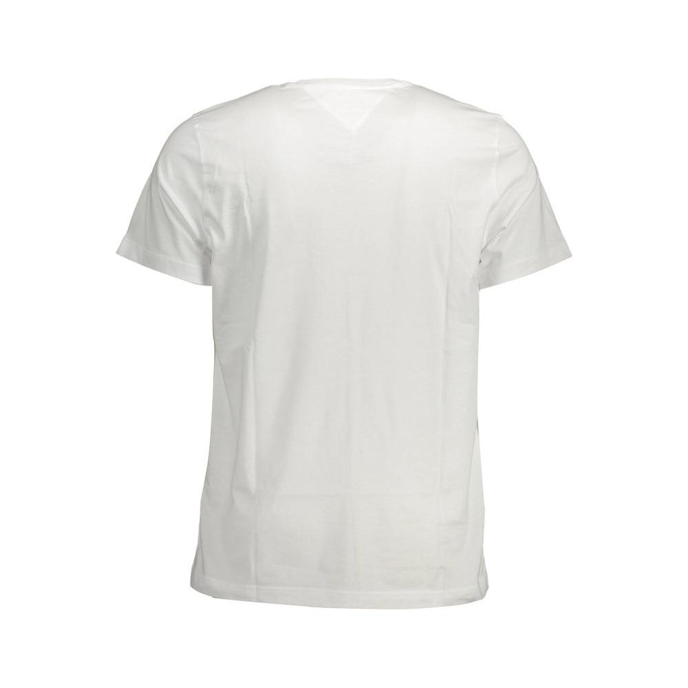 Back view of a Tommy Hilfiger white cotton t-shirt with short sleeves, crew neck, and logo embroidery, made from 100% organic cotton.