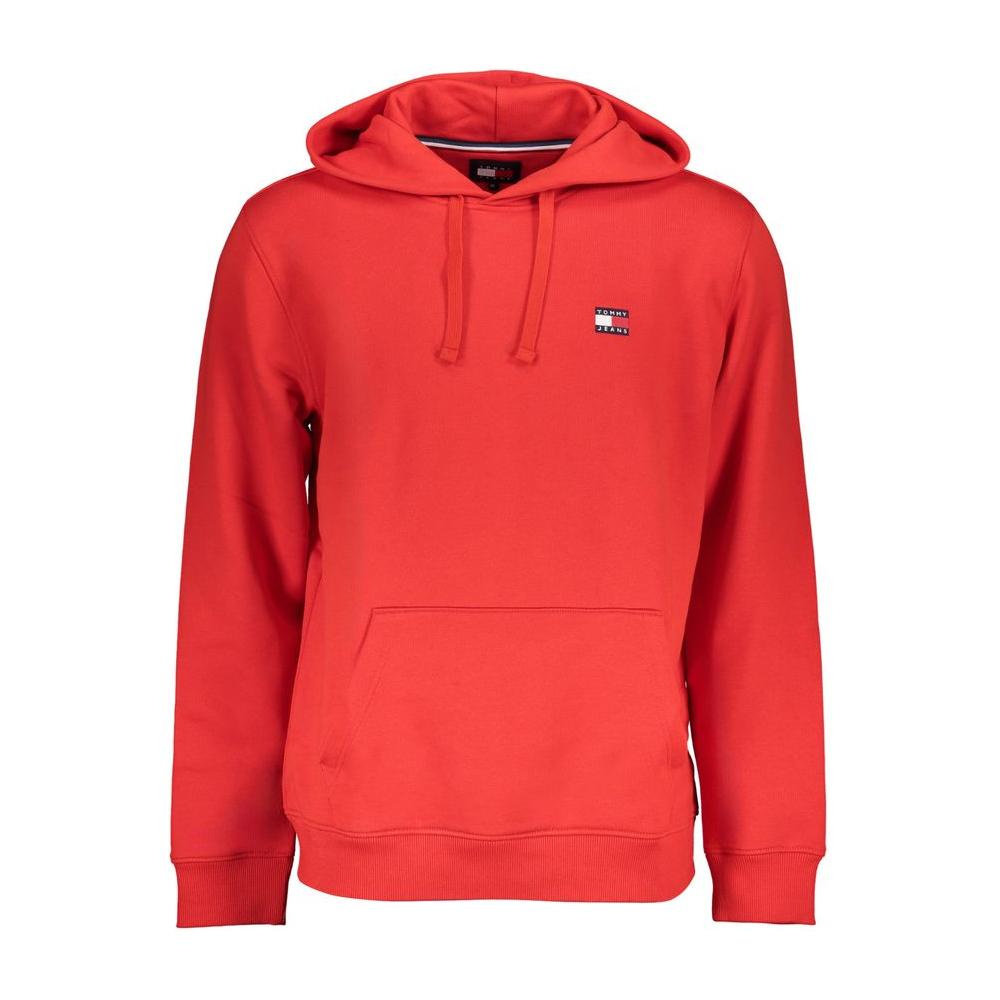 Tommy Hilfiger red cotton sweatshirt with hood, central pocket, and logo embroidery, made from 50% transitional cotton.