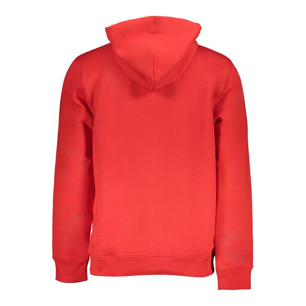 Back view of Tommy Hilfiger red cotton hoodie, features long sleeves, hood, central pocket, with logo application.