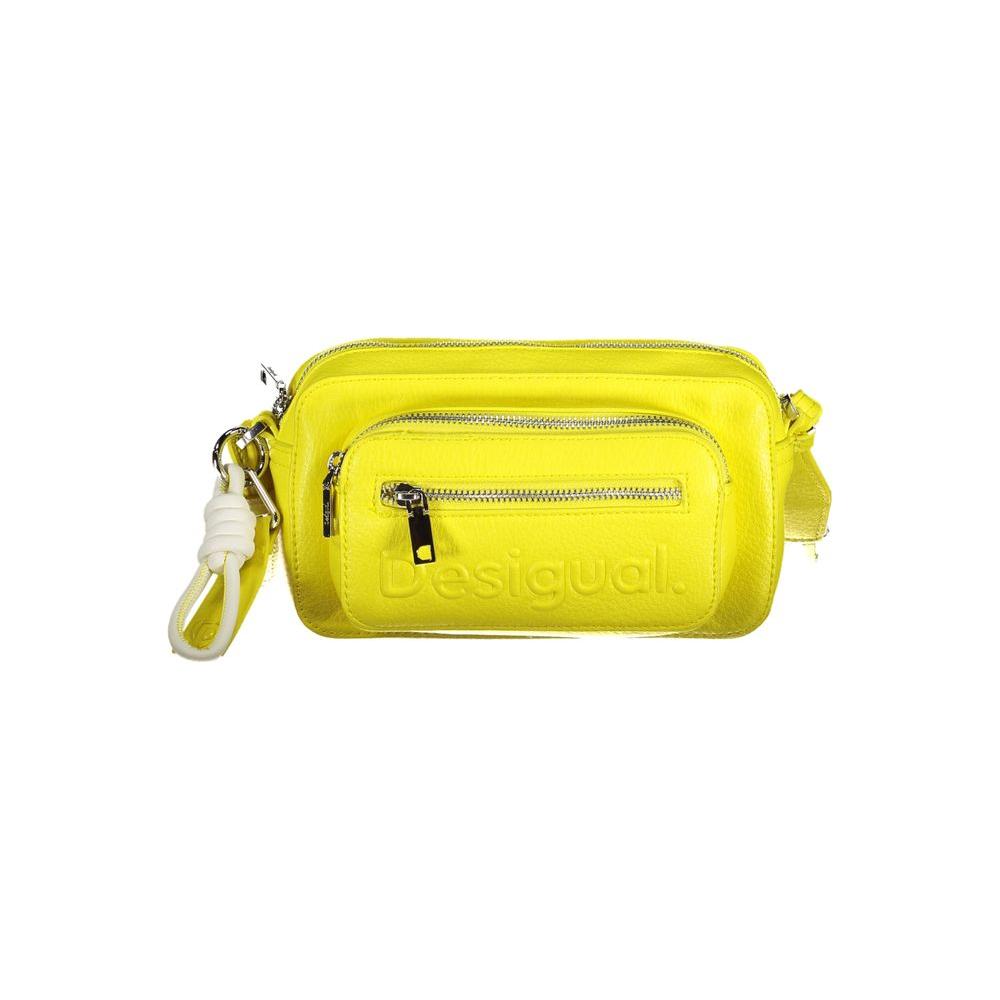 Desigual yellow polyethylene handbag with removable shoulder handle and strap, zip closure, and multiple pockets.