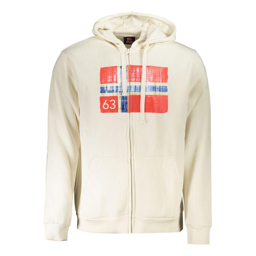 Men's white hooded sweatshirt by Norway 1963 with red and blue print, featuring zip-up front and central pockets for style and convenience.
