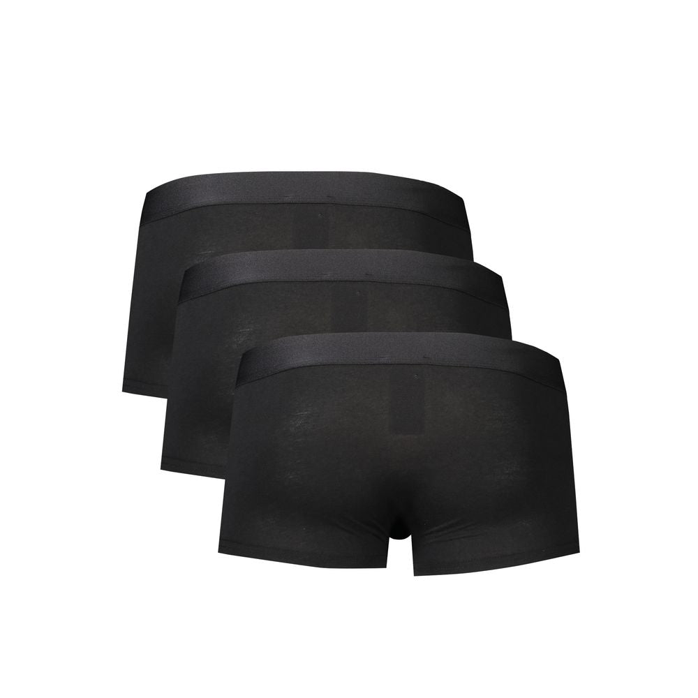 Bikkembergs black polyester men's boxer underwear trio pack with fluorescent waistband in fuchsia, green, and yellow.