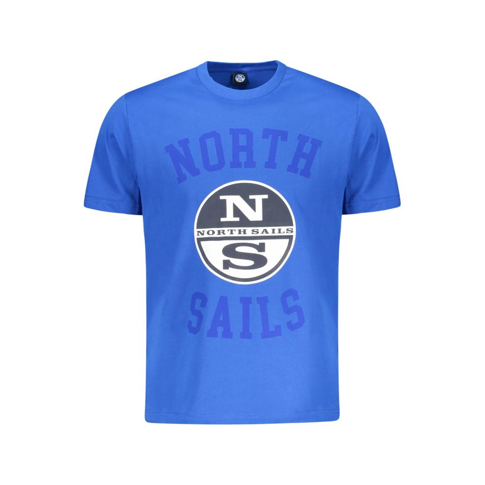 North Sails blue cotton men's T-shirt with bold logo print, short sleeves, and crew neck style