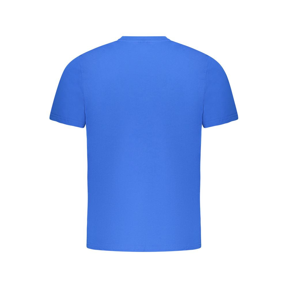 Back view of North Sails blue cotton men's T-shirt showcasing short sleeves and a seamless design, perfect for a nautical fashion statement.