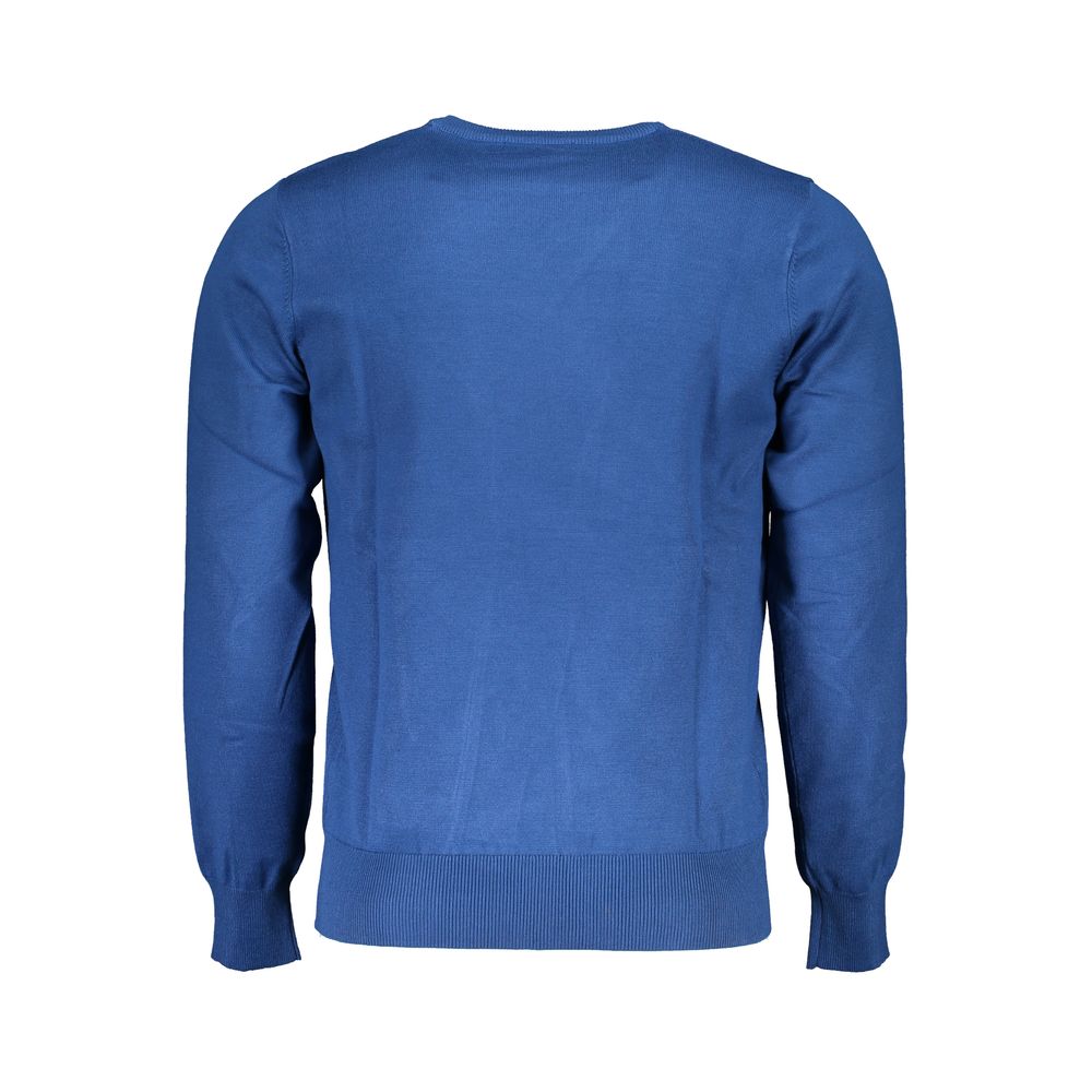 Rear view of blue U.S. Grand Polo nylon sweater with crew neck and long sleeves, featuring embroidery and logo.