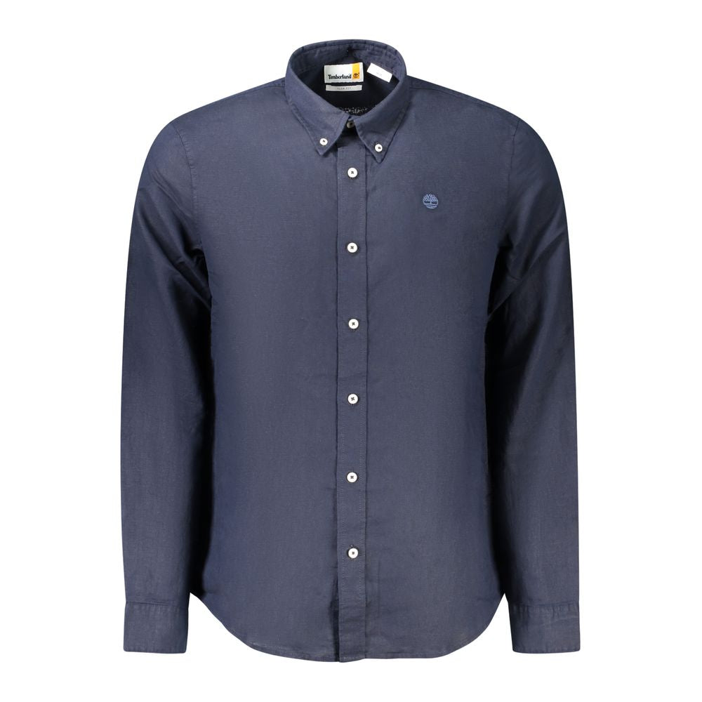Timberland blue cotton long-sleeved shirt with slim fit, button-down collar, single button cuffs, and embroidered logo.