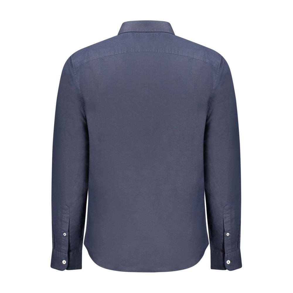 Back view of Timberland blue cotton shirt with long sleeves and button down collar, featuring slim fit design and embroidered logo.