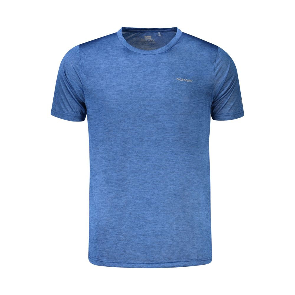 Norway 1963 blue polyester T-shirt with crew neck, short sleeves, breathable fabric, and recycled materials logo.