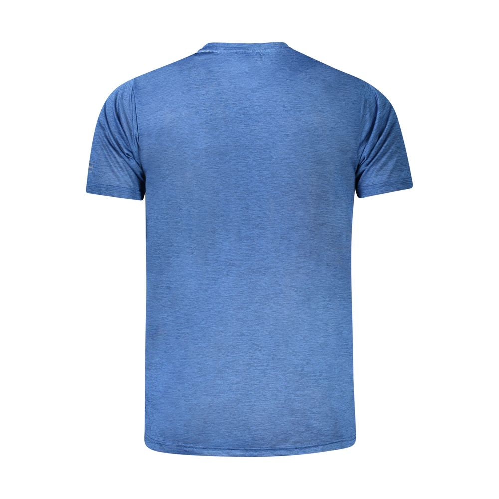 Back view of a blue Norway 1963 polyester T-shirt with short sleeves and crew neck, featuring breathable fabric and logo, made from recycled materials.