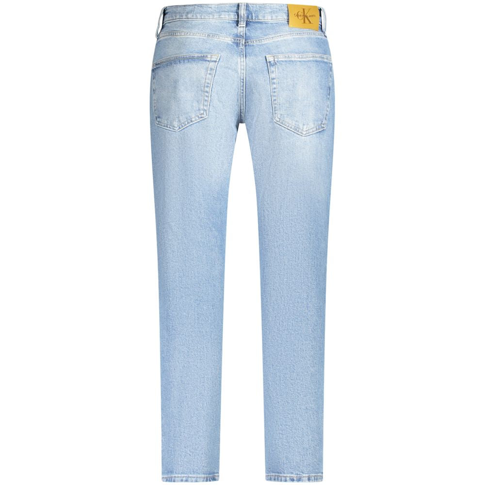 Back view of Calvin Klein light blue cotton men's jeans with vintage wash effect.