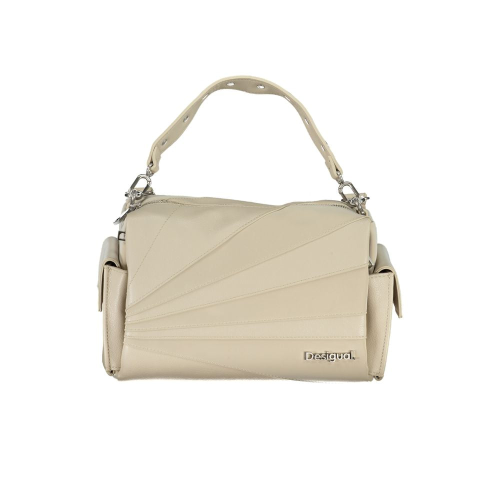 Desigual beige polyethylene handbag with removable shoulder strap, external side pockets, and zip closure featuring contrast details.