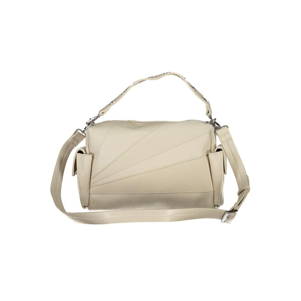 Desigual beige polyethylene handbag with adjustable shoulder strap, removable handle, side pockets, and logo details.