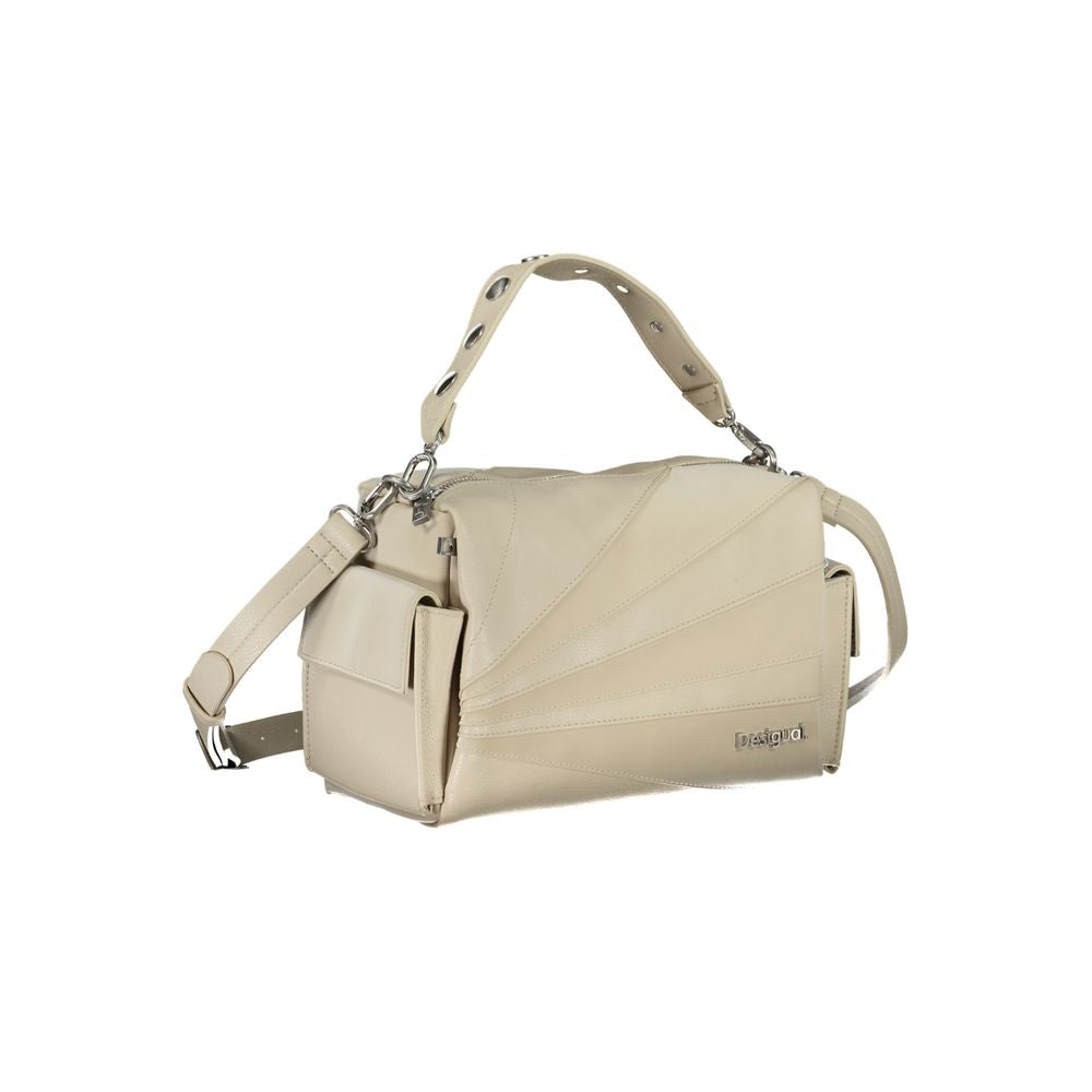 Desigual beige polyethylene handbag with removable handle, adjustable shoulder strap, side pockets, and zip closure.