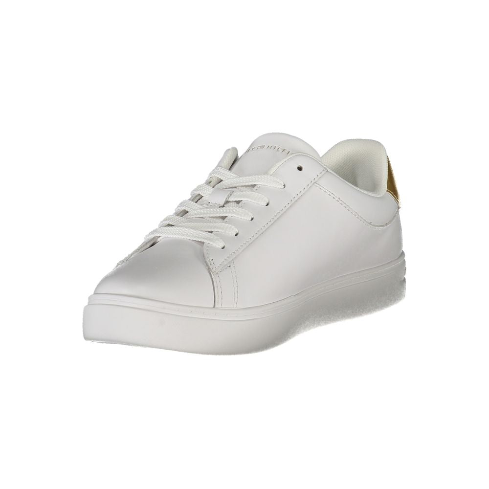 Tommy Hilfiger white leather women’s sneaker with gold details and removable insole for comfort.