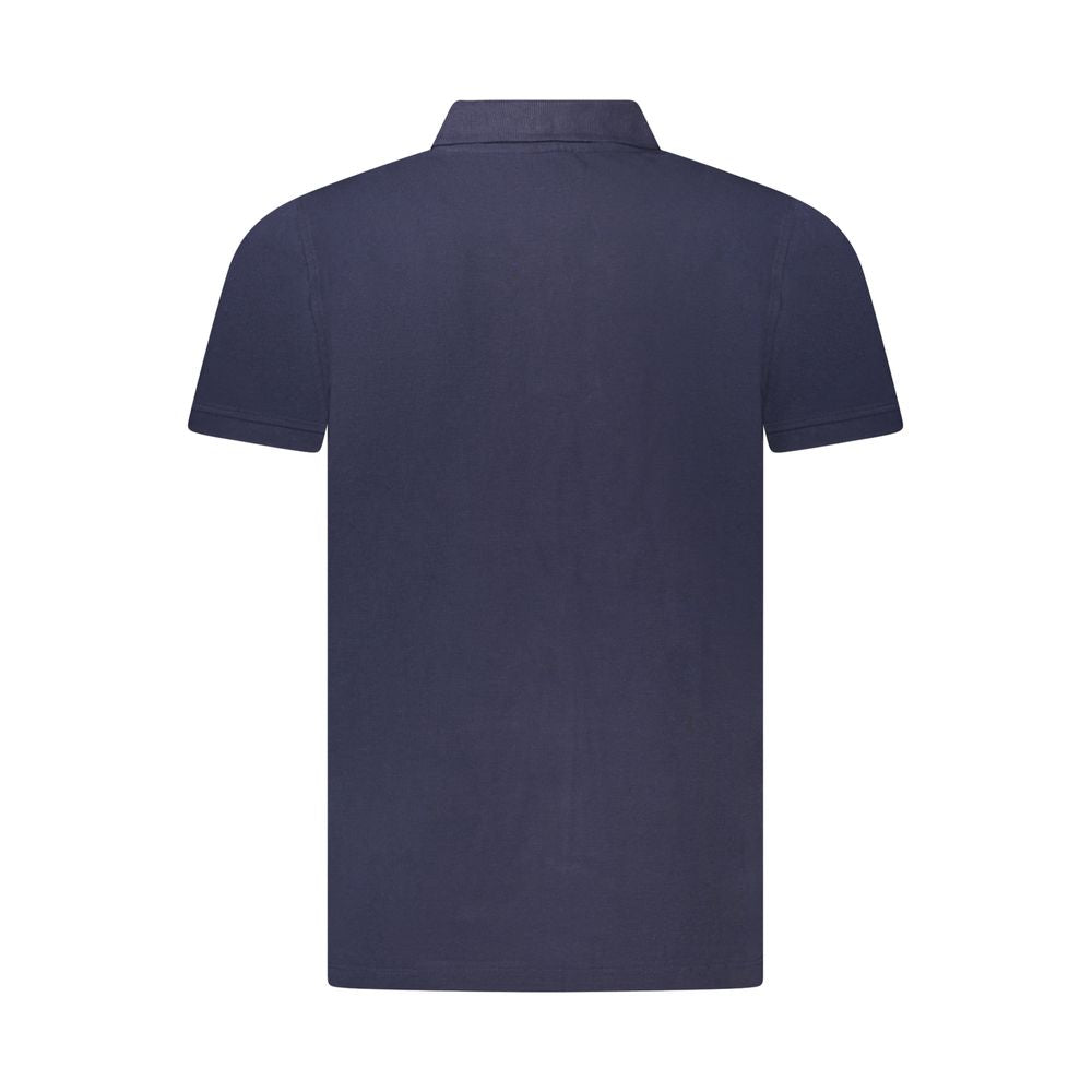 Back view of Norway 1963 blue cotton polo shirt with short sleeves and three buttons, featuring a logo application.
