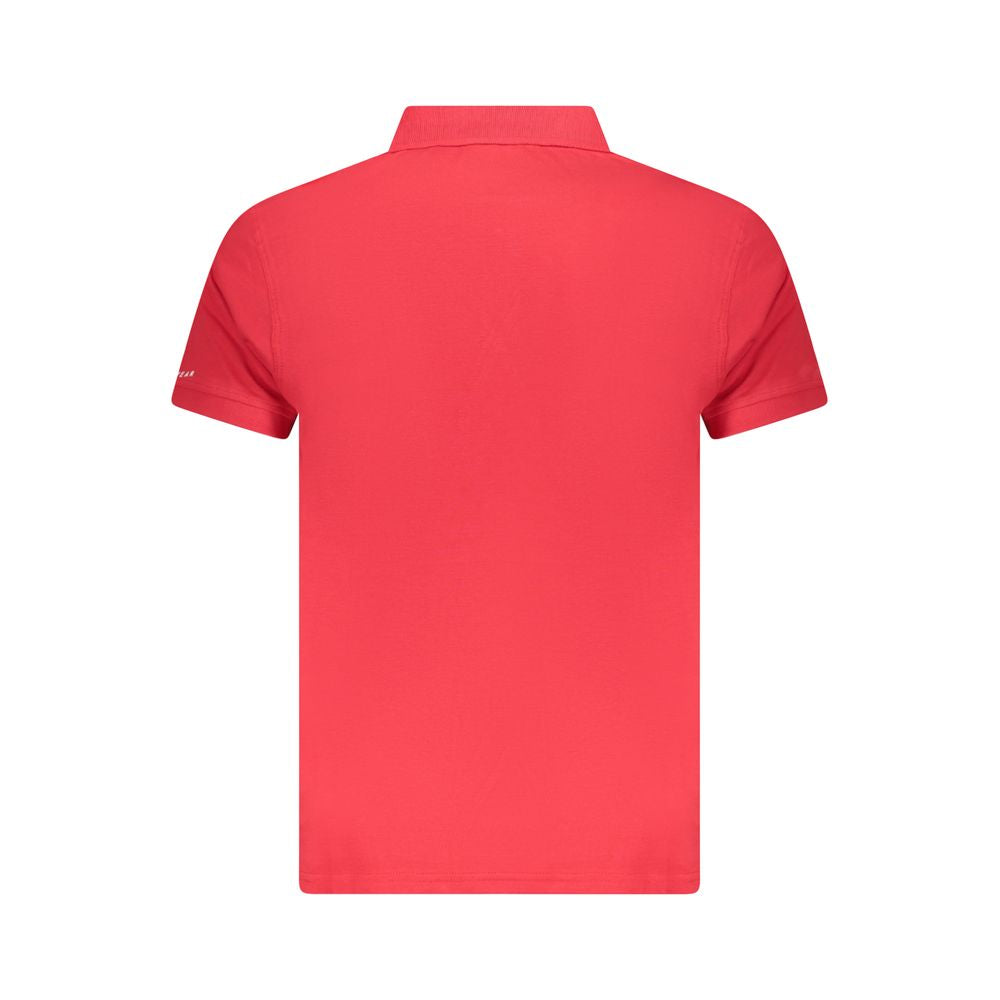 Back view of Trussardi red cotton men’s polo shirt with short sleeves and classic collar.