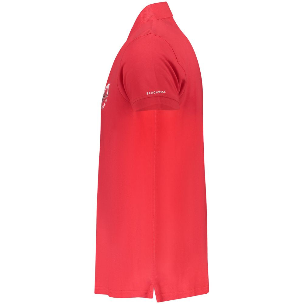 Side view of Trussardi red cotton men's polo shirt with iconic logo and short sleeves, perfect for modern casual style.