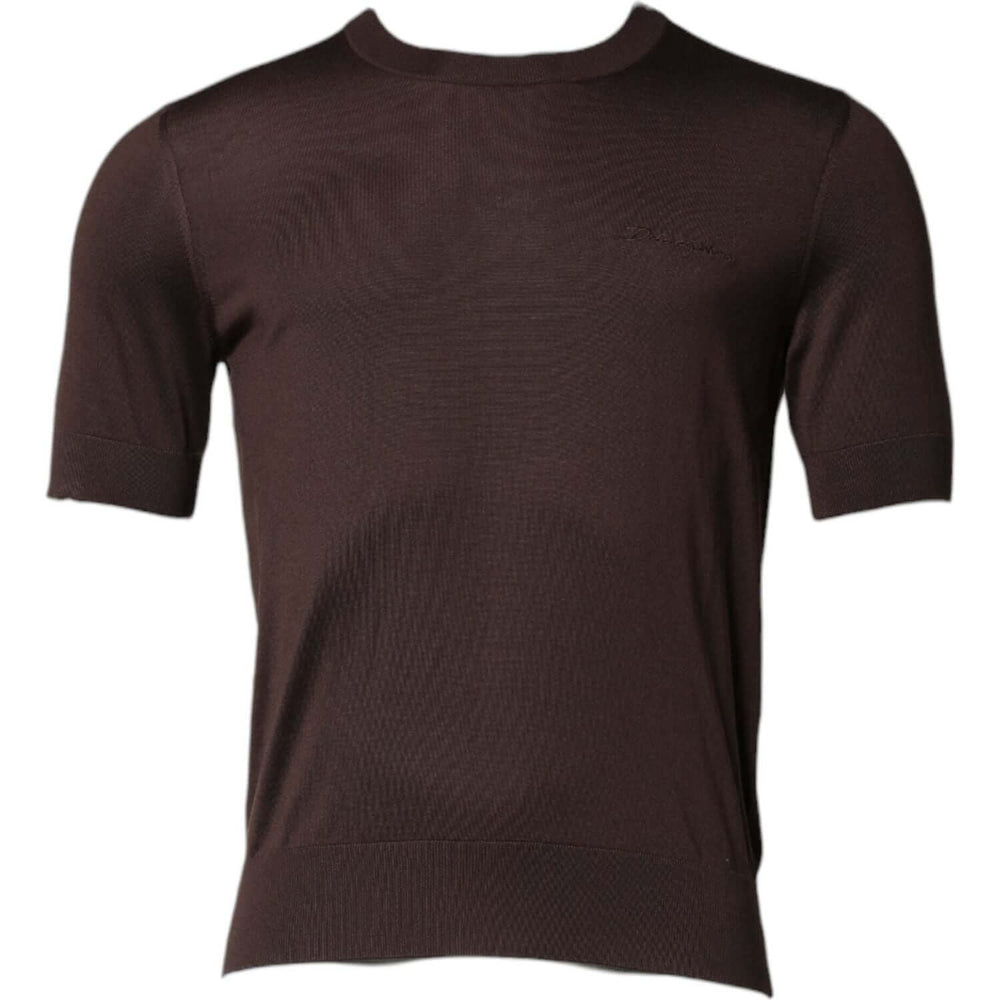 Dolce & Gabbana Brown Silk Logo Embroidery Crew Neck T-shirt TSH90516-48