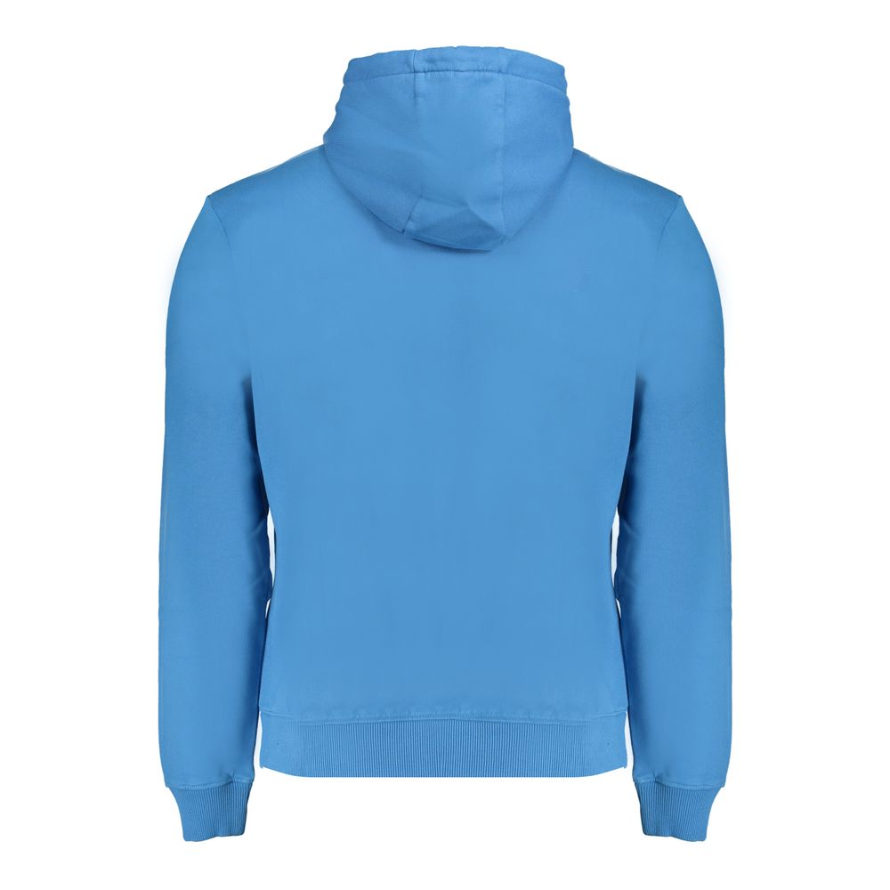 Back view of Napapijri Blue Cotton Men Sweater, featuring a cozy hood and modern design for style and comfort.