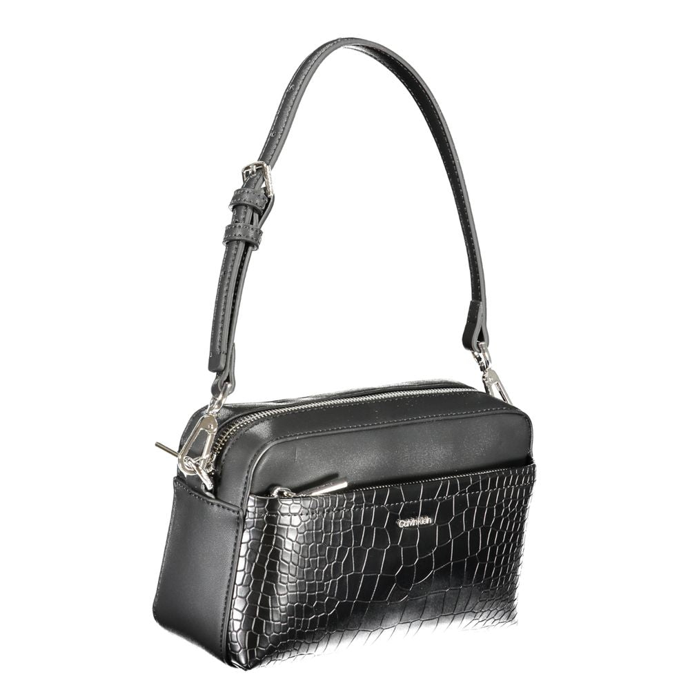 Calvin Klein Black Polyester Handbag with adjustable shoulder strap, external pocket, and logo detail.
