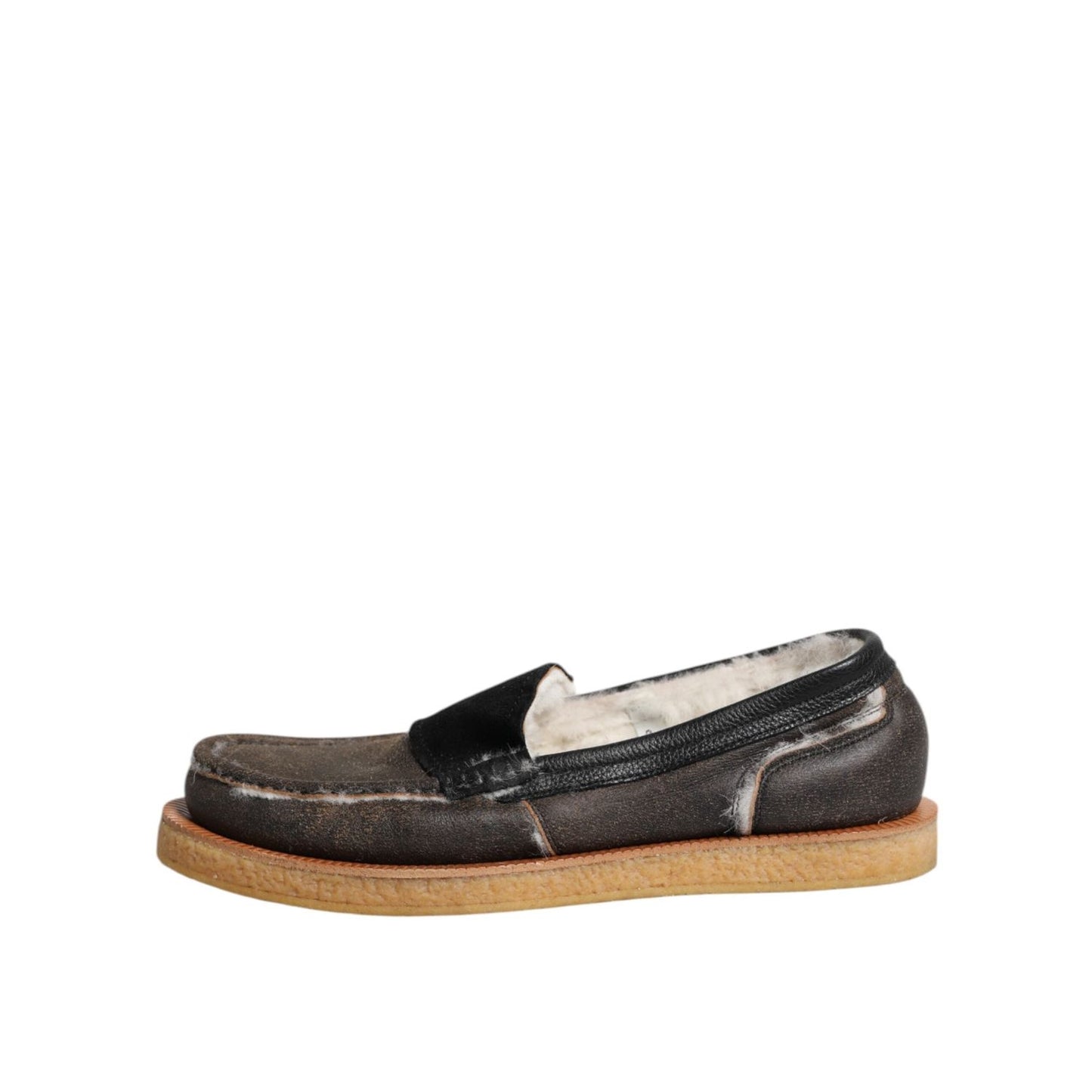Dolce & Gabbana Brown White Calfskin Leather Loafers Shoes
