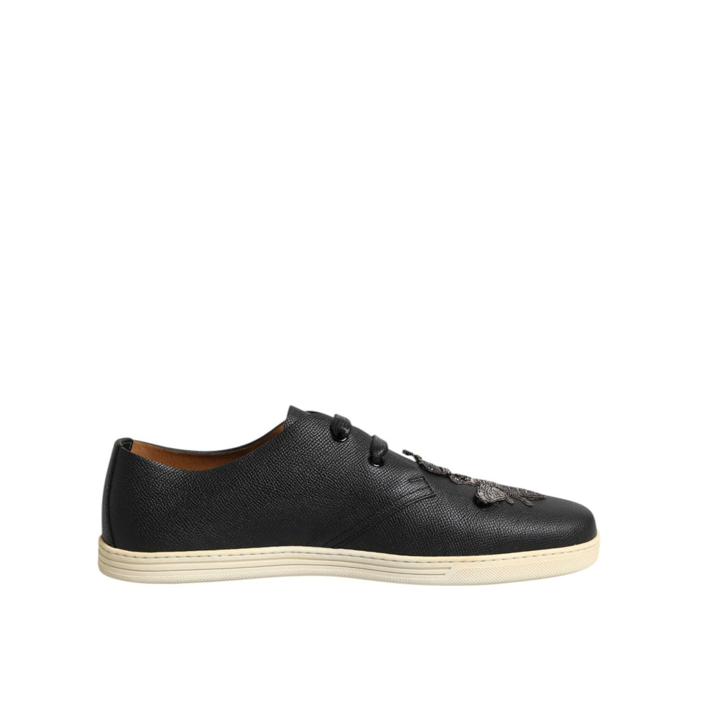 Dolce & Gabbana Black Leather Bee Crown Low Top Sneakers Shoes