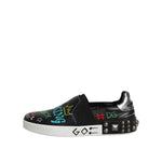 Dolce & Gabbana Black Leather Studded Graffiti Sneakers Shoes