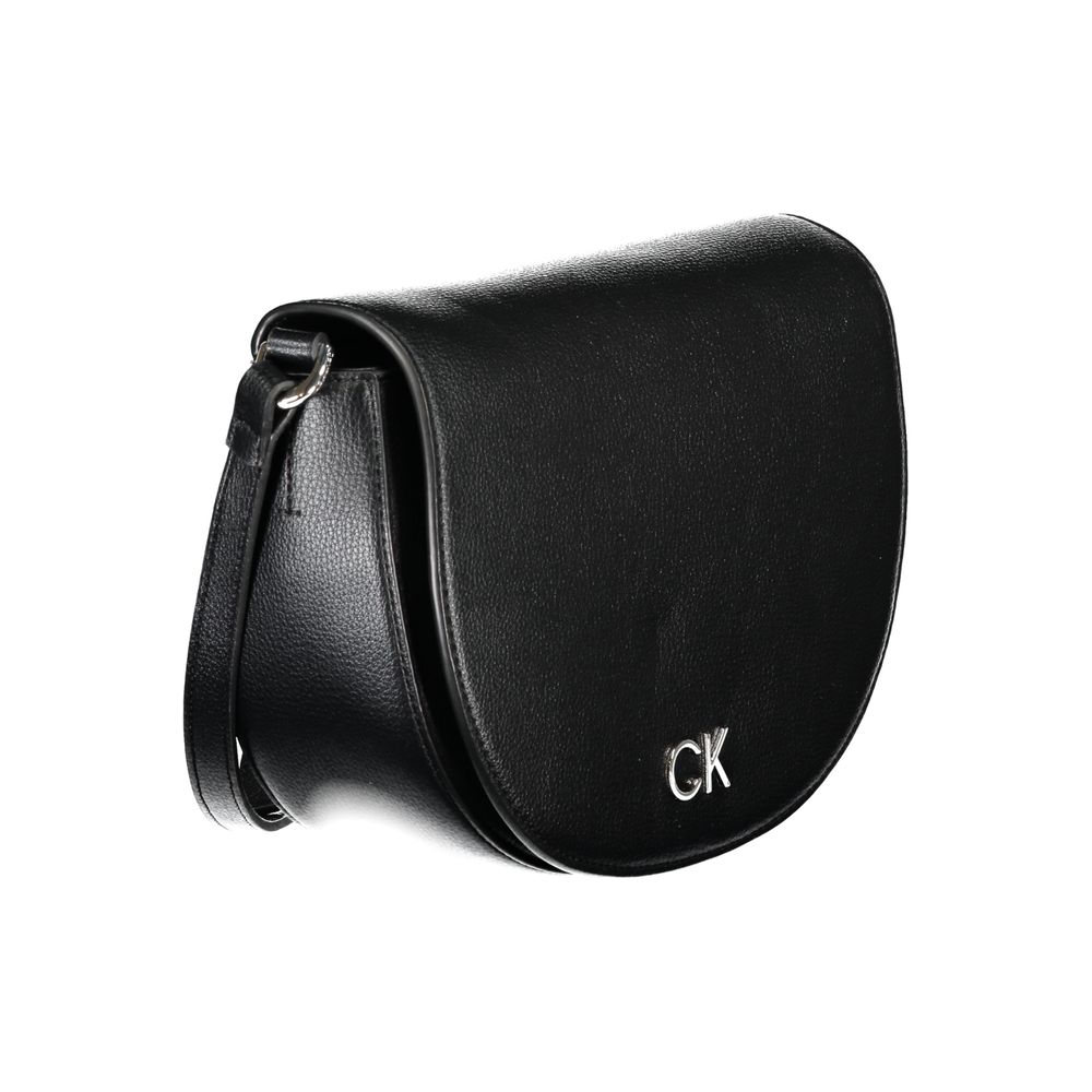 Calvin Klein Black Polyethylene Handbag featuring adjustable shoulder strap, internal card pocket, and magnet closure, with logo detail.