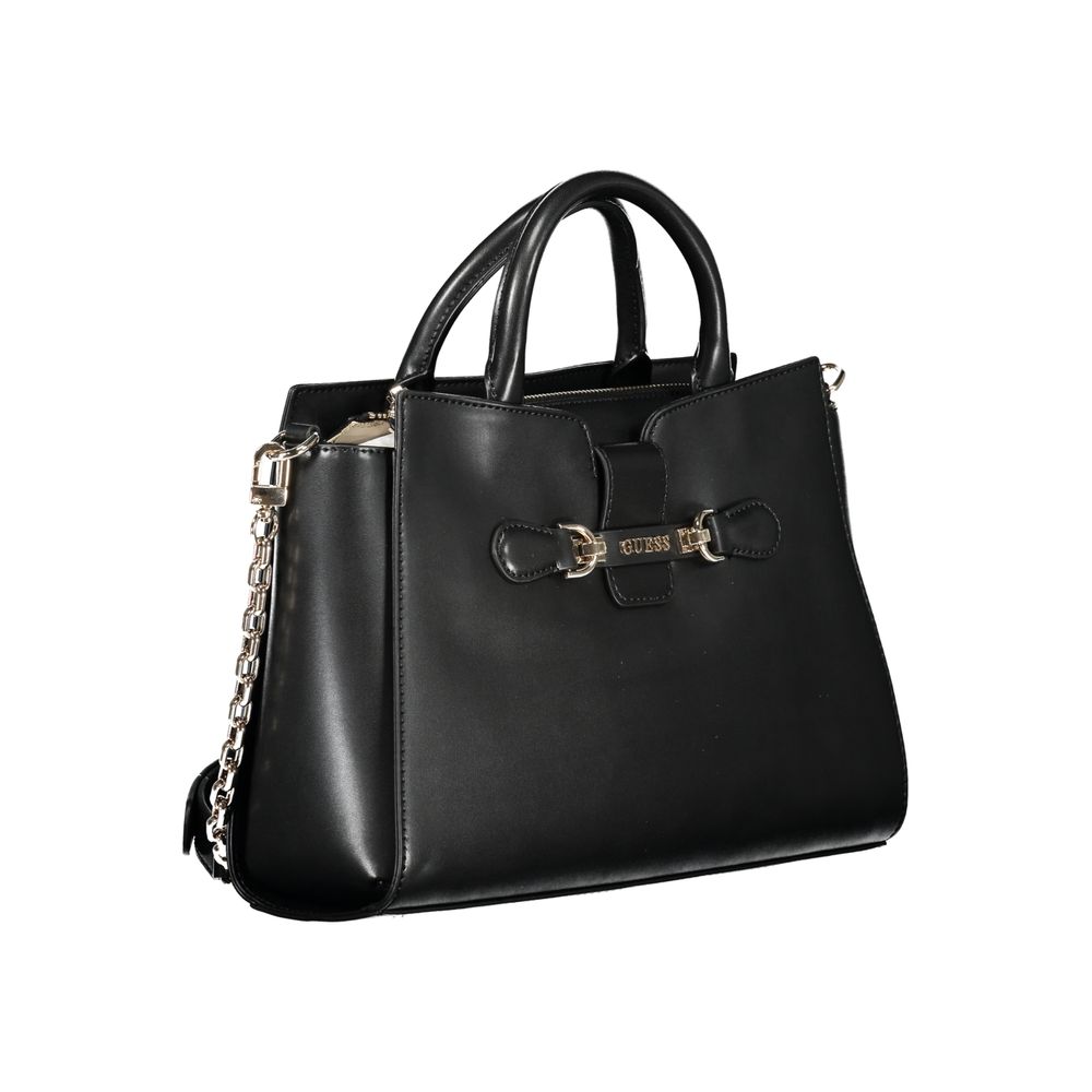 Guess Jeans Black Polyethylene Handbag with adjustable strap, dual handles, protective feet, and logo detail.